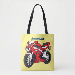 Cute red sports motorcycle cartoon tote bag