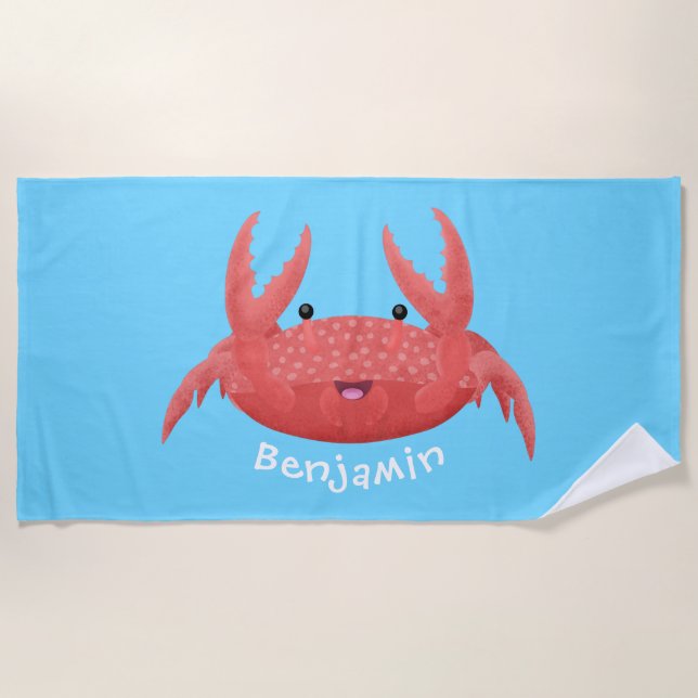 Cute red spotty crab cartoon illustration beach towel (Front)