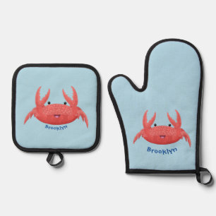 Cute red spotty crab cartoon illustration oven mitt & pot holder set