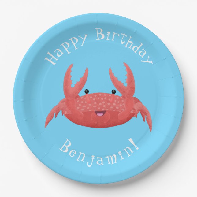 Cute red spotty crab cartoon illustration paper plate (Front)