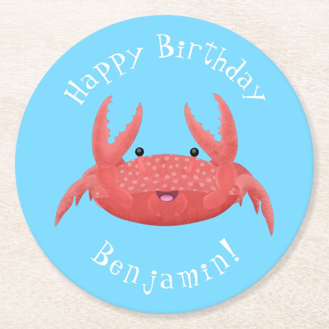 Cute red spotty crab cartoon illustration round paper coaster (Front)