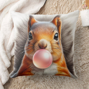 Cute Red Squirrel Blowing Bubblegum Whimsical  Throw Pillow
