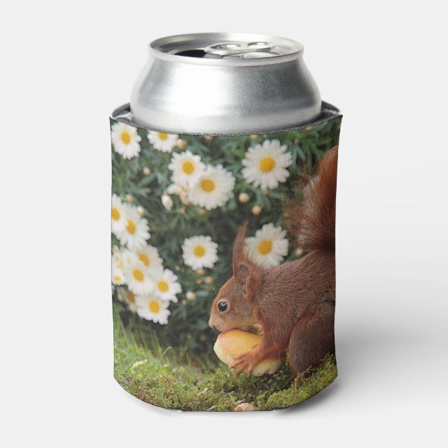 Cute Red Squirrel Daisies Photo Can Cooler (Can Front)