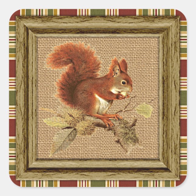 Cute Red Squirrel On Faux Jute Burlap Square Sticker (Front)