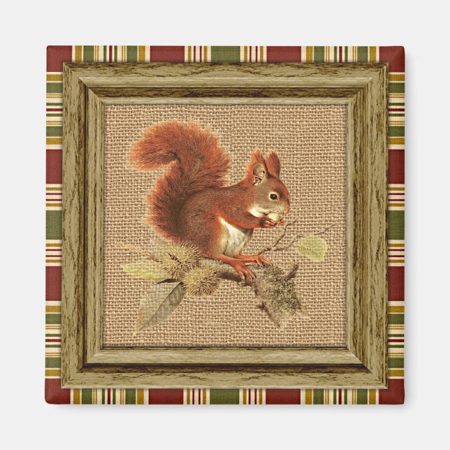 Cute Red Squirrel On Faux Jute Burlap Texture Magnet (Front)
