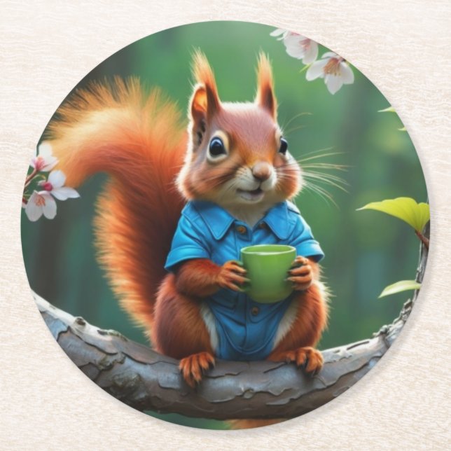 Cute Red Squirrel on The Tree-68364 Round Paper Coaster (Front)
