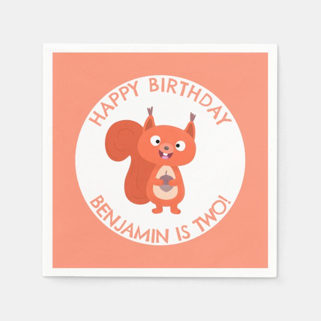 Cute red squirrel personalized cartoon birthday napkin (Front)