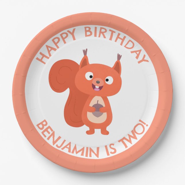 Cute red squirrel personalized cartoon birthday paper plate (Front)