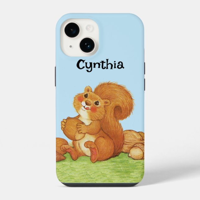 Cute Red Squirrel Stash of Nuts Grass Blue iPhone Case (Back)