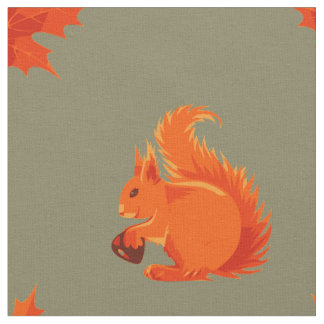 Cute Red Squirrel with Chestnut and Red Leaves Fabric