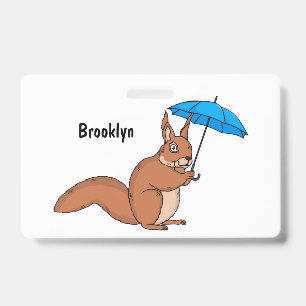 Cute red squirrel with umbrella cartoon badge
