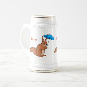 Cute red squirrel with umbrella cartoon  beer stein