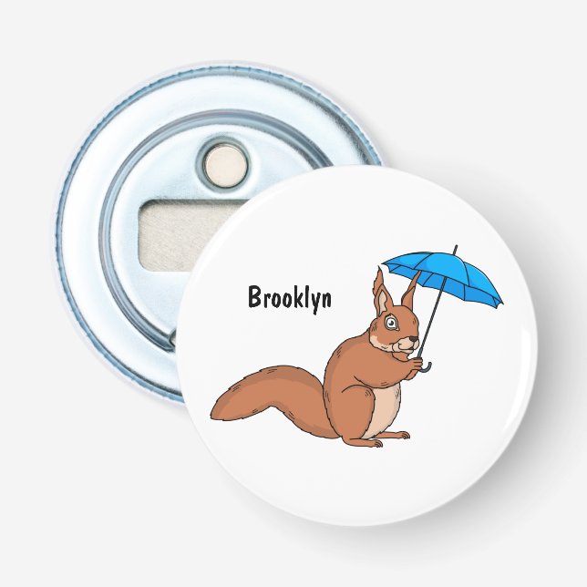 Cute red squirrel with umbrella cartoon  bottle opener (Front)