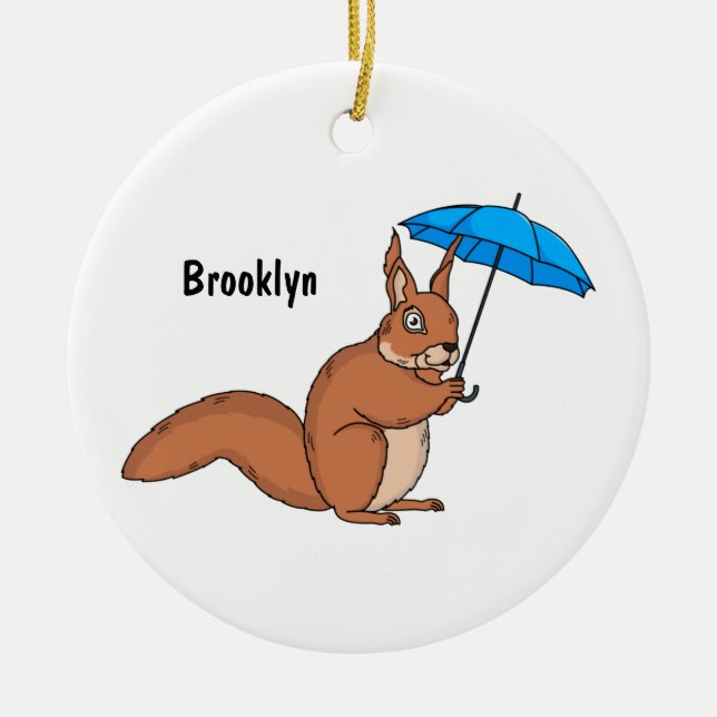 Cute red squirrel with umbrella cartoon  ceramic ornament (Front)