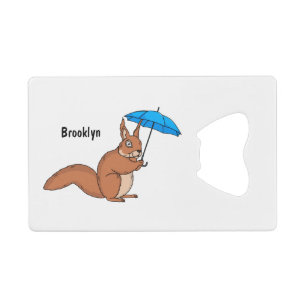 Cute red squirrel with umbrella cartoon credit card bottle opener