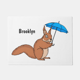 Cute red squirrel with umbrella cartoon doormat