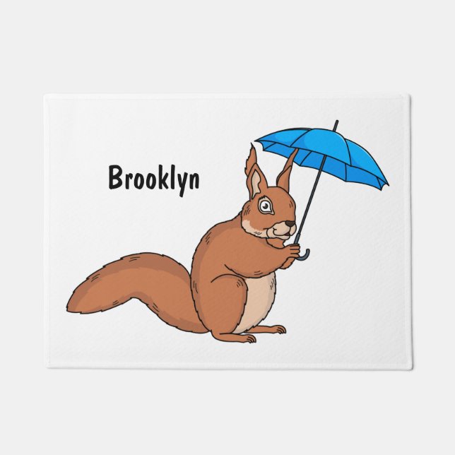 Cute red squirrel with umbrella cartoon doormat (Front)