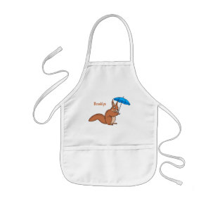 Cute red squirrel with umbrella cartoon kids apron