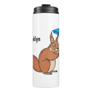 Cute red squirrel with umbrella cartoon  thermal tumbler