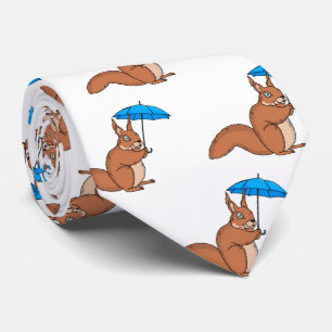 Cute red squirrel with umbrella cartoon tie