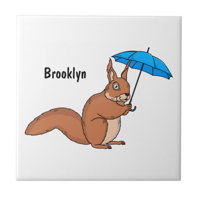 Cute red squirrel with umbrella cartoon tile (Front)