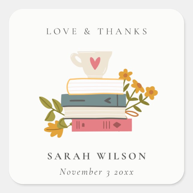 Cute Red Stacked Storybooks Floral Wedding Square Sticker (Front)