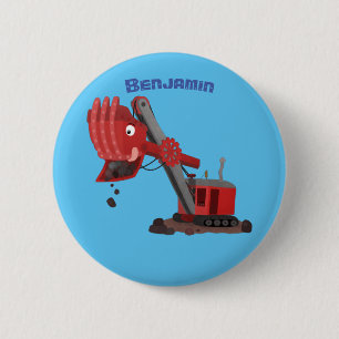 Cute red steam shovel digger cartoon illustration 2 inch round button