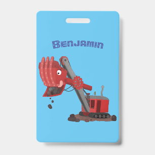 Cute red steam shovel digger cartoon illustration badge