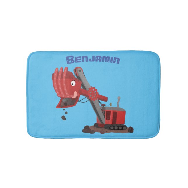 Cute red steam shovel digger cartoon illustration bath mat (Front)