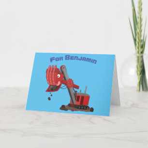 Cute red steam shovel digger cartoon illustration card