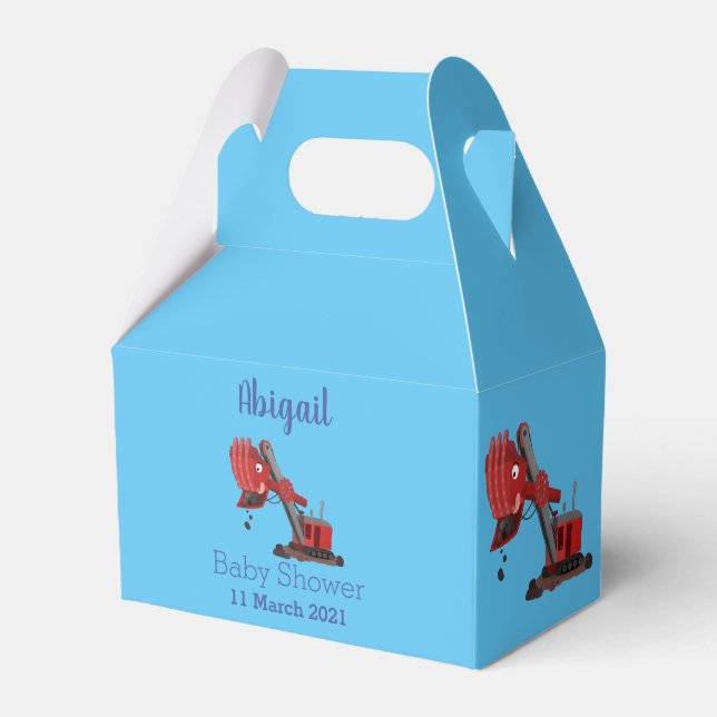 Cute red steam shovel digger cartoon illustration favor box (Front Side)