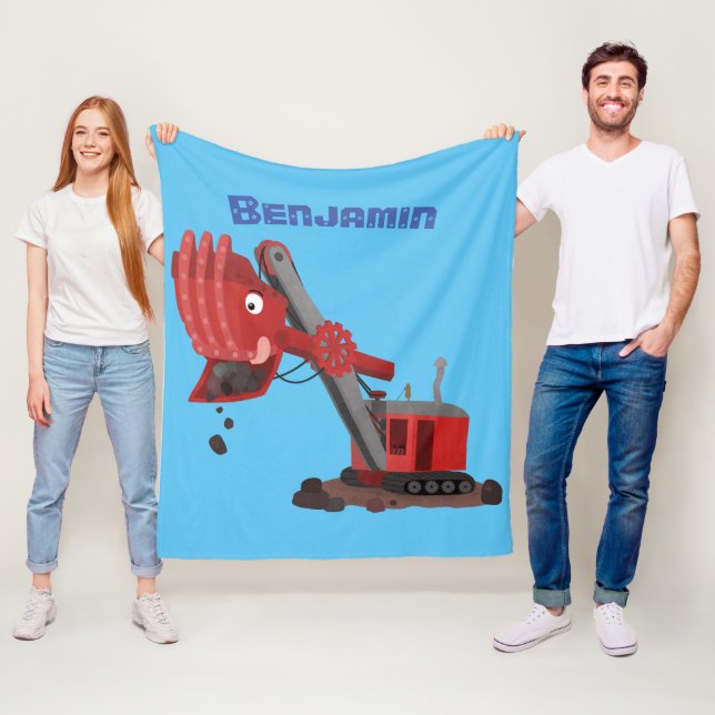 Cute red steam shovel digger cartoon illustration fleece blanket (In Situ)