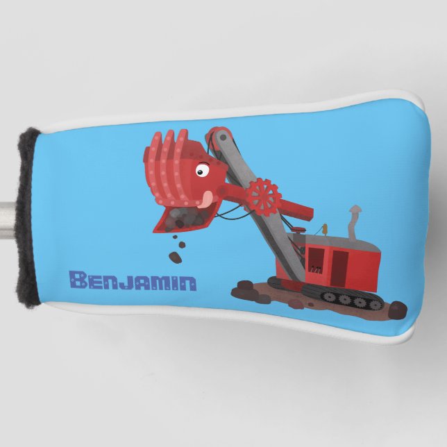 Cute red steam shovel digger cartoon illustration golf head cover (Front)