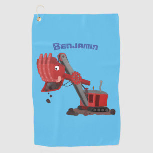 Cute red steam shovel digger cartoon illustration golf towel