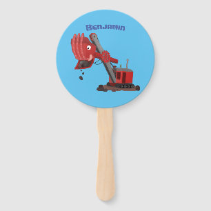 Cute red steam shovel digger cartoon illustration hand fan