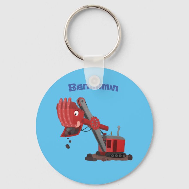 Cute red steam shovel digger cartoon illustration keychain (Front)