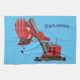 Cute red steam shovel digger cartoon illustration kitchen towel