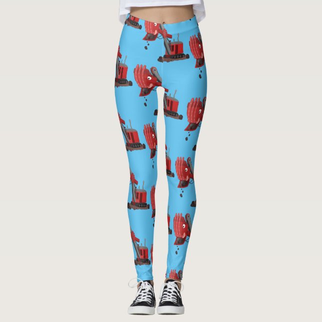 Cute red steam shovel digger cartoon illustration leggings (Front)