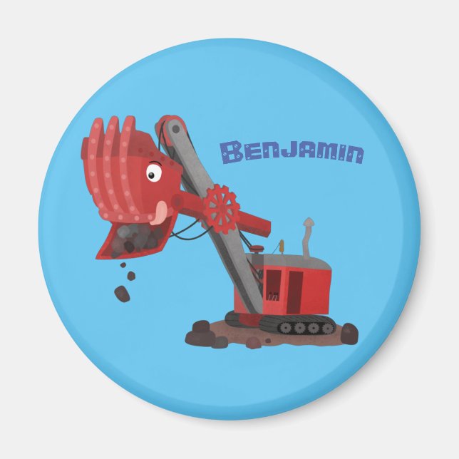 Cute red steam shovel digger cartoon illustration magnet (Front)