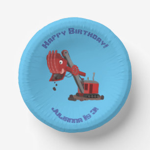 Cute red steam shovel digger cartoon illustration  paper plate