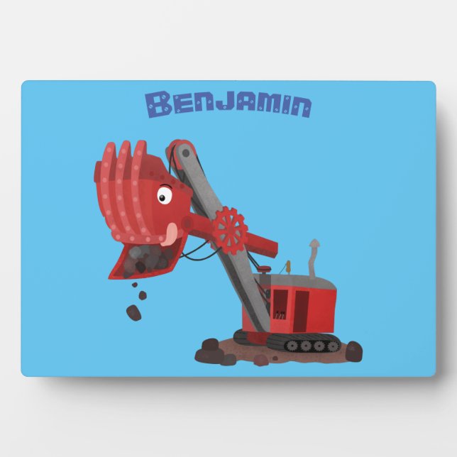 Cute red steam shovel digger cartoon illustration plaque (Front)