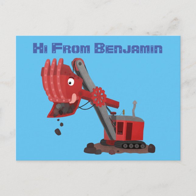 Cute red steam shovel digger cartoon illustration postcard (Front)