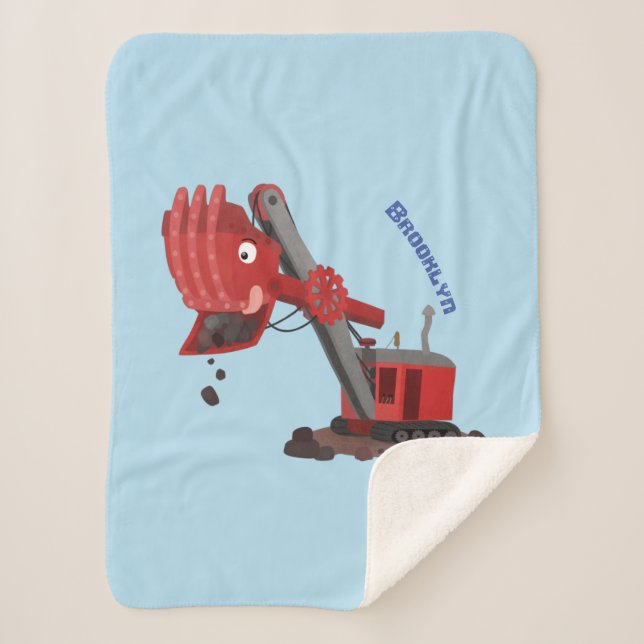Cute red steam shovel digger cartoon illustration  sherpa blanket (Front)