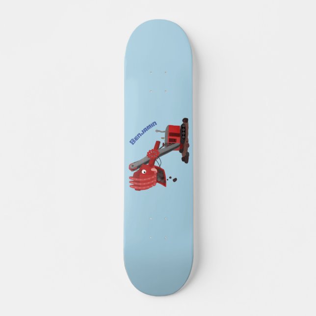Cute red steam shovel digger cartoon illustration skateboard (Front)