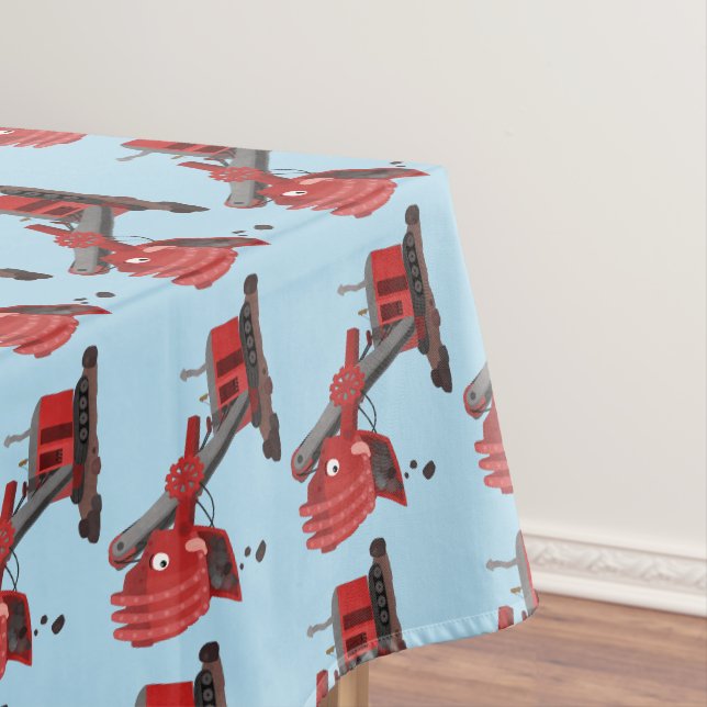 Cute red steam shovel digger cartoon illustration tablecloth (In Situ)
