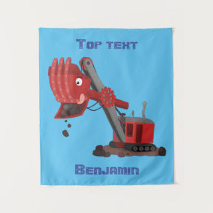 Cute red steam shovel digger cartoon illustration  tapestry