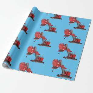 Cute red steam shovel digger cartoon illustration wrapping paper