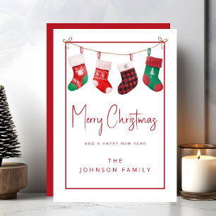 Cute Red Stockings Merry Christmas Holiday Card