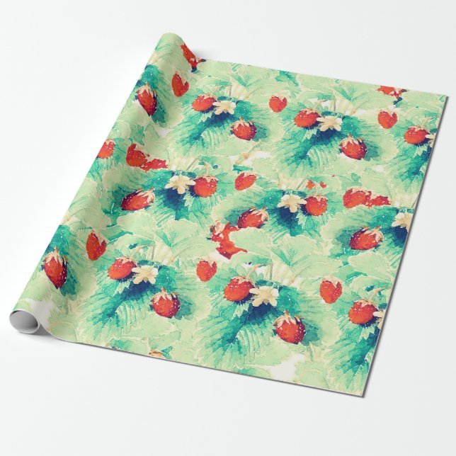 Cute Red Strawberries & Foliage Watercolor Paint Wrapping Paper (Unrolled)
