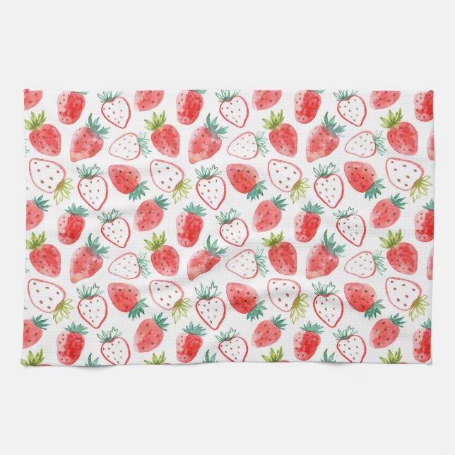 Cute Red Strawberries Green Leaves Kitchen Towel (Horizontal)
